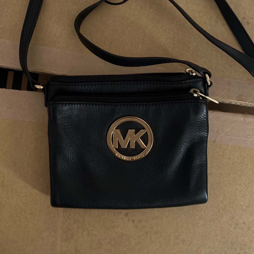 Michael Kors Black Leather Crossbody with Gold Accents